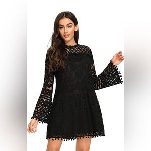 Black Lace Crochet PomPom Dress with Bell Sleeves